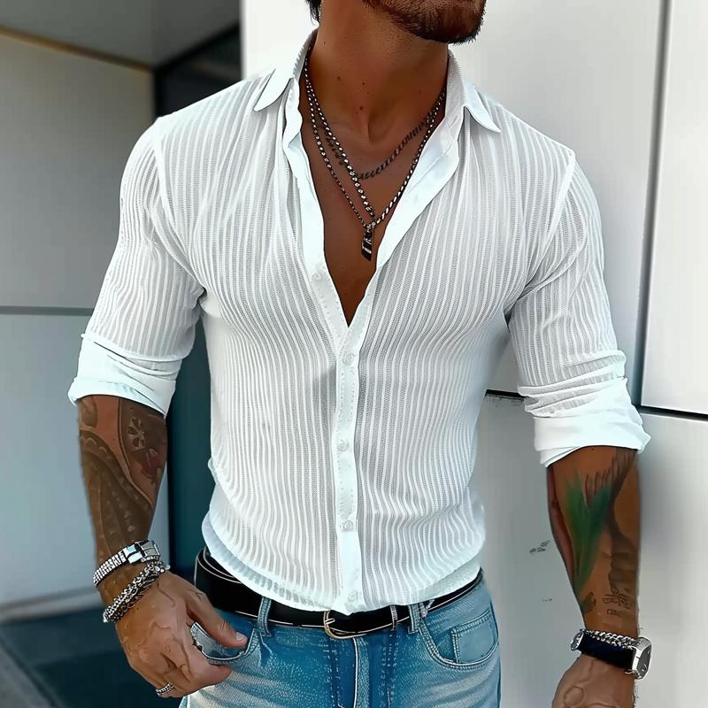 Men's Solid Color Striped Lapel Long Sleeve Shirt 9261775323320