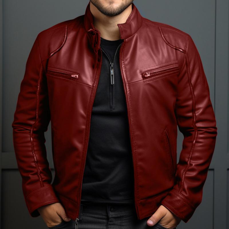 Men's Vintage Stand Collar Zipper Slim Leather Jacket 9261079789752