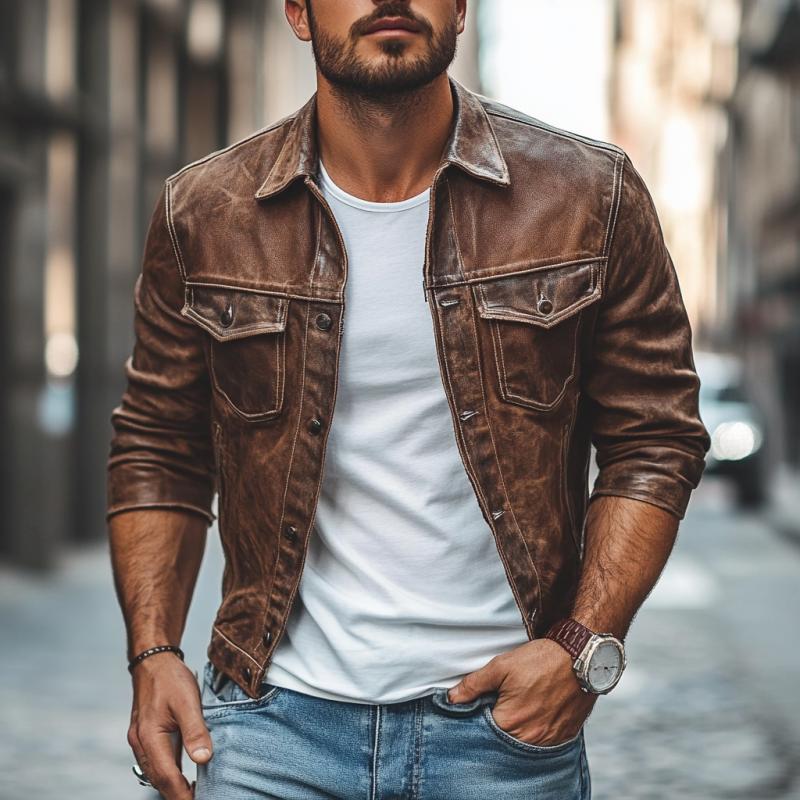 Herren Vintage Distressed Lederjacke mit Revers, schmale Passform 9272270487736