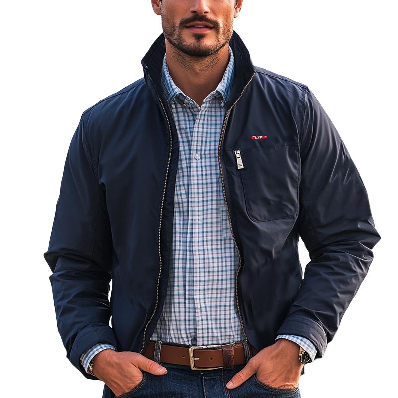 Men's Navy Blue Stand Collar Zip-up Jacket 9873133699256