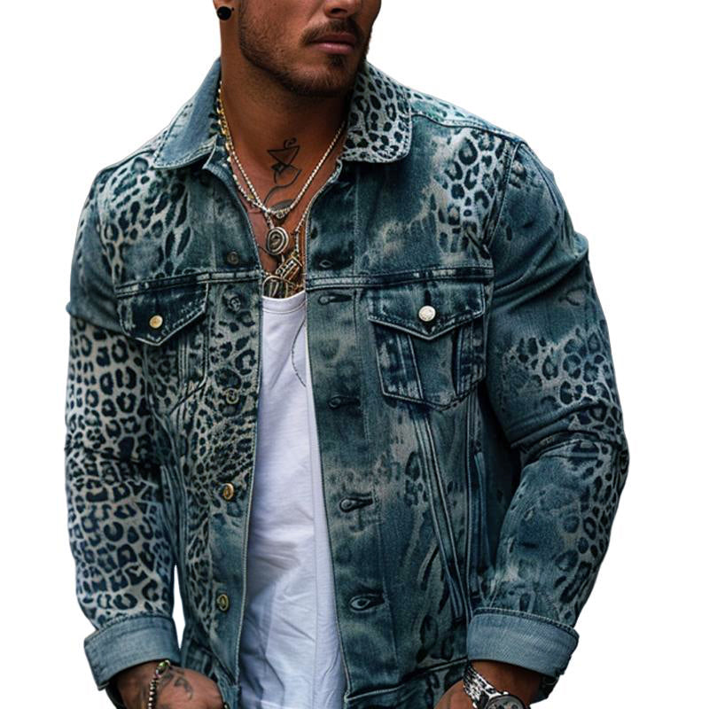 Men's Leopard Ombre Print Denim Trucker Jacket 9261077921976