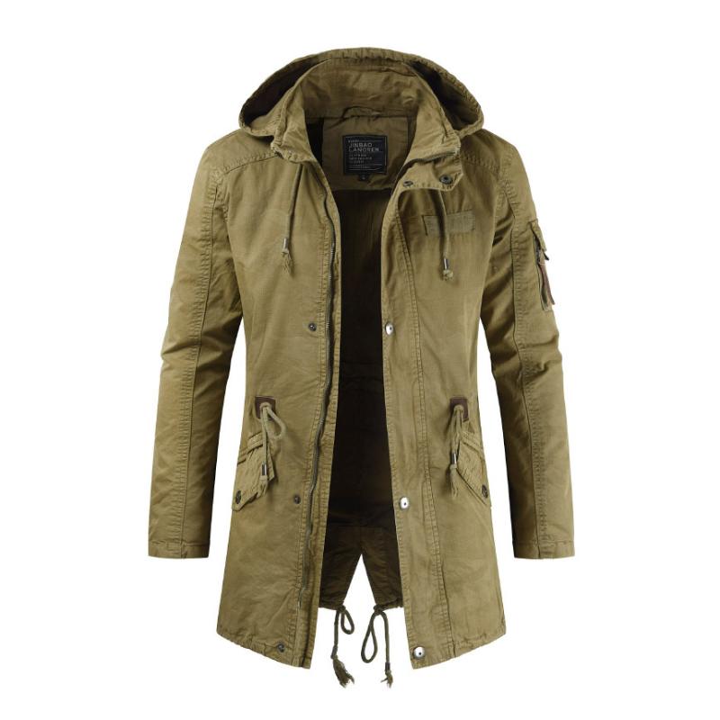 Herren Casual Outdoor Baumwolle Stehkragen Kapuze Reißverschluss Mittellanger Trenchcoat 69828861M