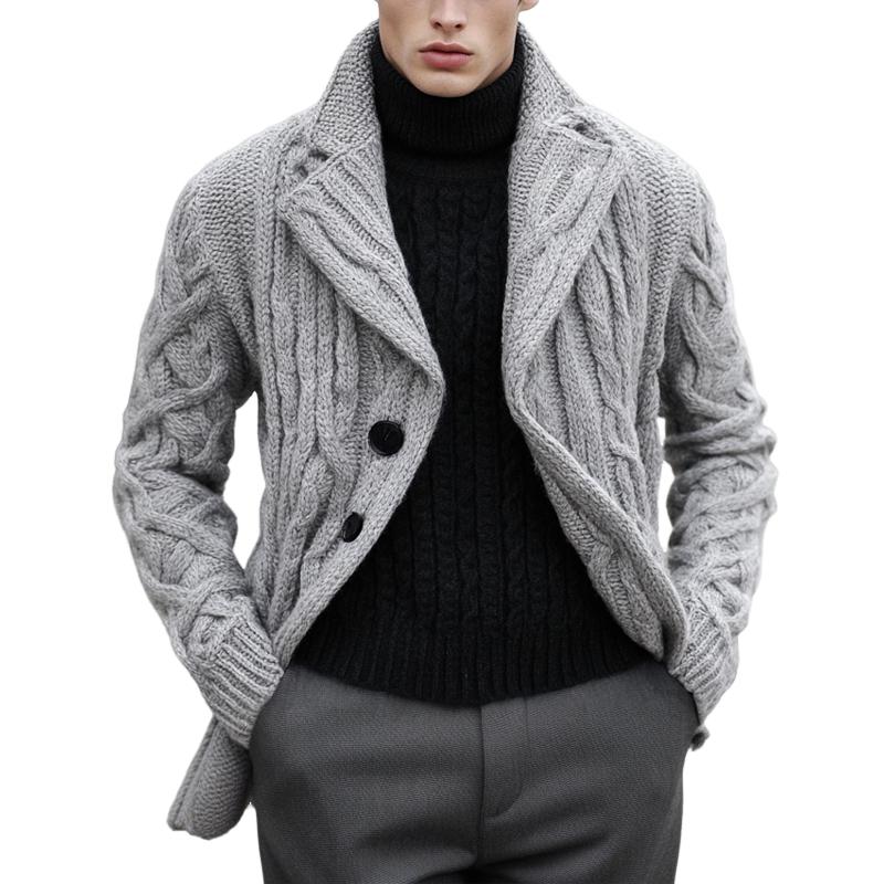 Men's Light Grey Notch Lapel Knit Cardigan 9273155846328