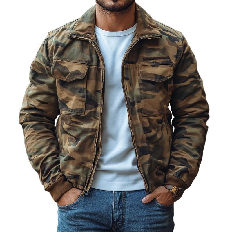 Men's Outdoor Camo Lapel Multi-pocket Zipper Cargo Jacket 9873133961400