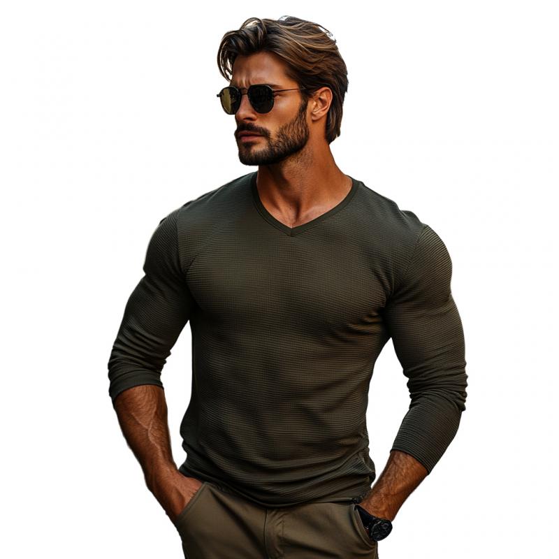 Lässiges Herren-T-Shirt mit V-Ausschnitt und Waffelmuster in Slim Fit, langärmelig 9274167394488