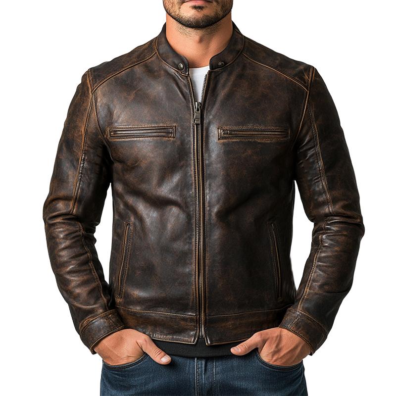 Men's Vintage Distressed Zipper Leather Jacket 9274151469240