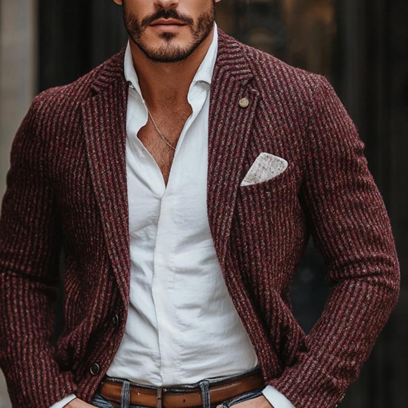 Men's Fashion Knitted Striped Notch Lapel Two Buttons Casual Cardigan 9873134158008