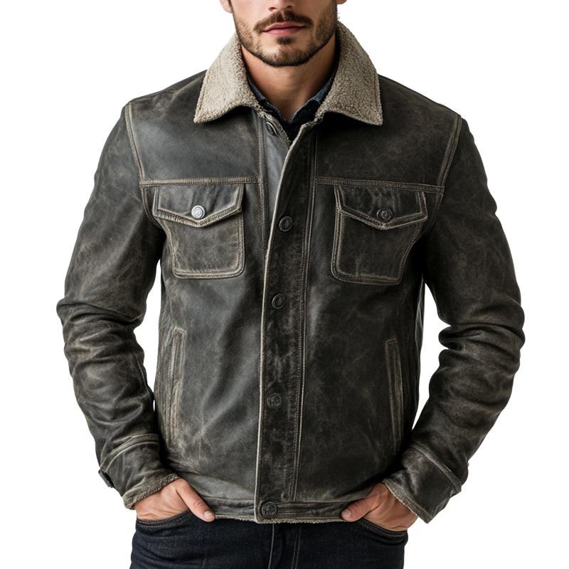 Men's Distressed Lambswool Lining Leather Jacket 9272270127288