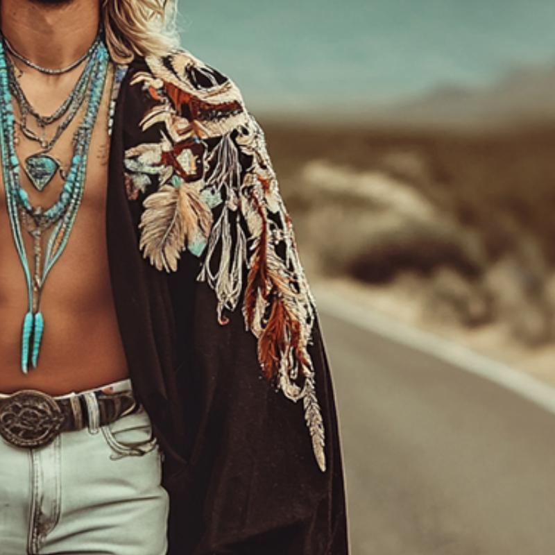 Men's Vintage Casual Linen Eagle Feather Embroidered Cape 9887382601912