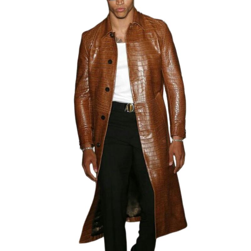 Men's Vintage Mid-length Lapel Croc-effect Leather Coat 9885321920696