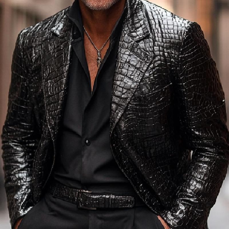 Men's Classic Versatile Black Lapel Crocodile Pattern Leather Blazer 9274151370936