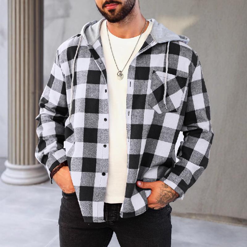 Men's Casual Plaid Long Sleeve Hoodie Jacket 9271921246392