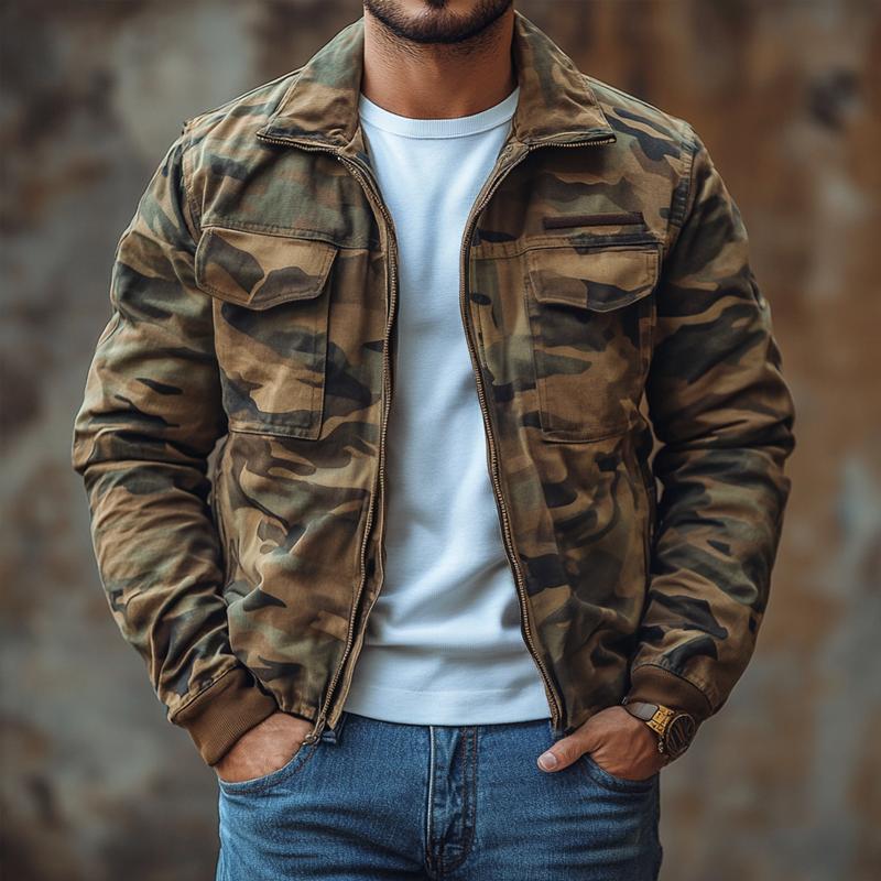 Men's Outdoor Camo Lapel Multi-pocket Zipper Cargo Jacket 9873133961400
