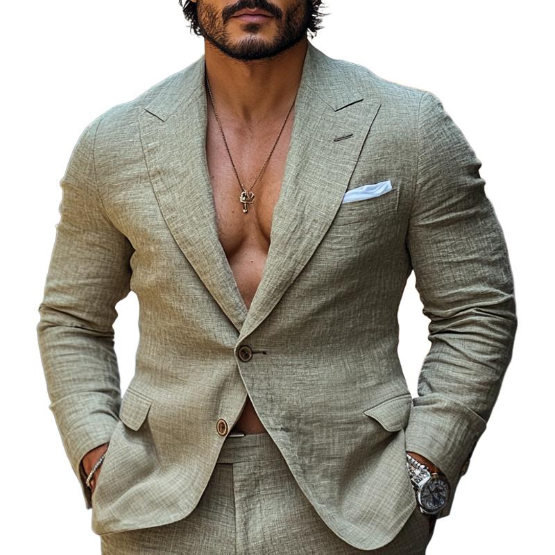 Men's Fashion Linen Peak Lapel Two Buttons Casual Blazer 9885838934200