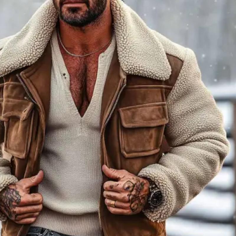 Men's Vintage Suede Stitching Lambswool Lapel Jacket Coat 9261082476728
