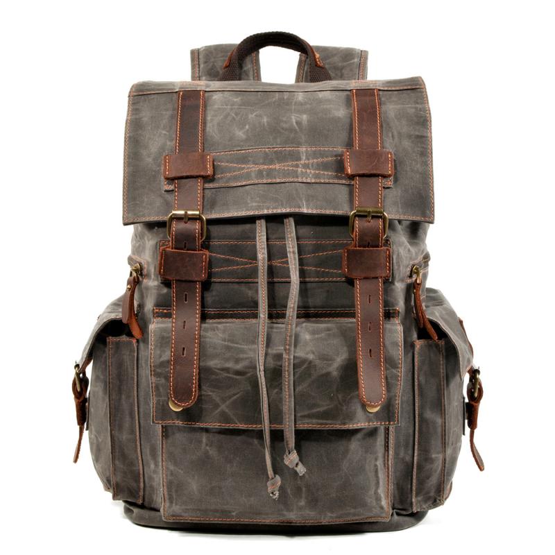 Men's Vintage Beeswax Canvas Outdoor Leather Multi-Pocket Backpack 9262190395576