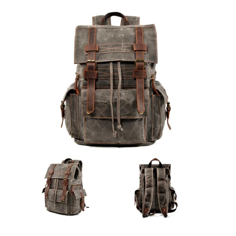 Men's Vintage Beeswax Canvas Outdoor Leather Multi-Pocket Backpack 9262190395576