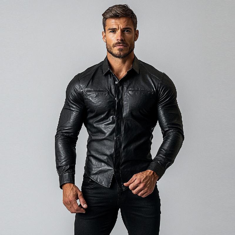 Mens Fashion Single Breasted Slim Fit Long Sleeve Leather Shirt 9880240292024