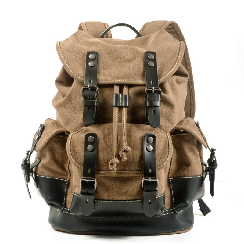 Men's Vintage Outdoor Canvas Stitching Leather Multi-Pocket Backpack 9262190624952