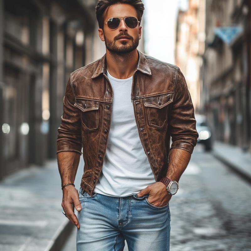 Herren Vintage Distressed Lederjacke mit Revers, schmale Passform 9272270487736