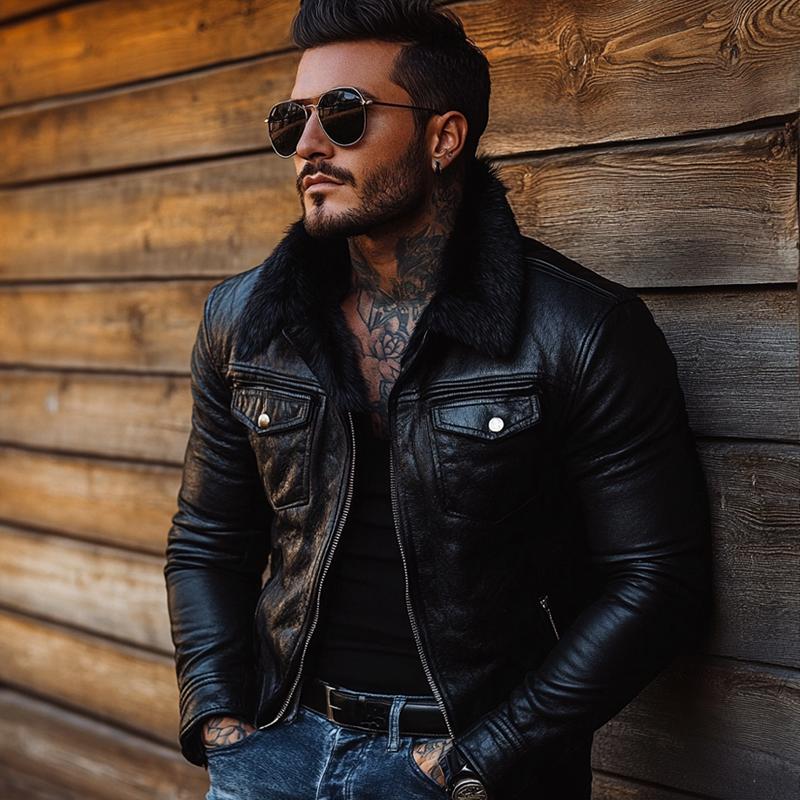 Men's Vintage Fur Collar Leather Jacket 9261088276664