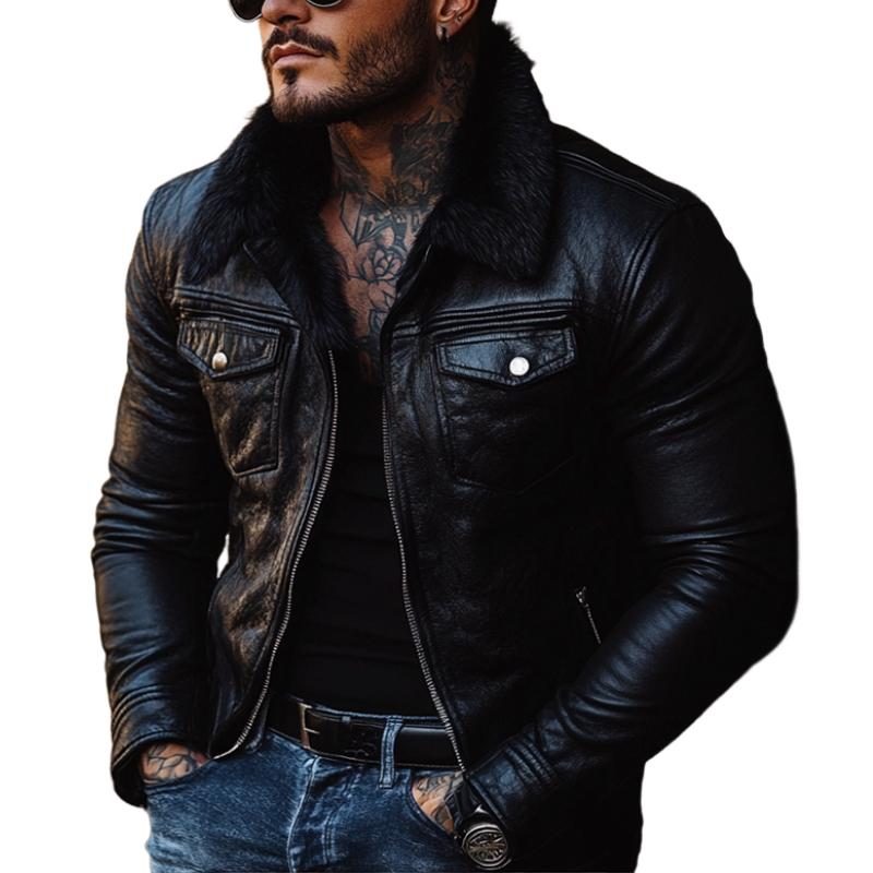 Men's Vintage Fur Collar Leather Jacket 9261088276664
