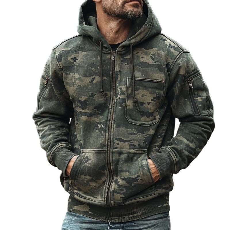 Men's Camouflage Print Chest Pocket Hooded Sweatshirt Jacket 9261080215736