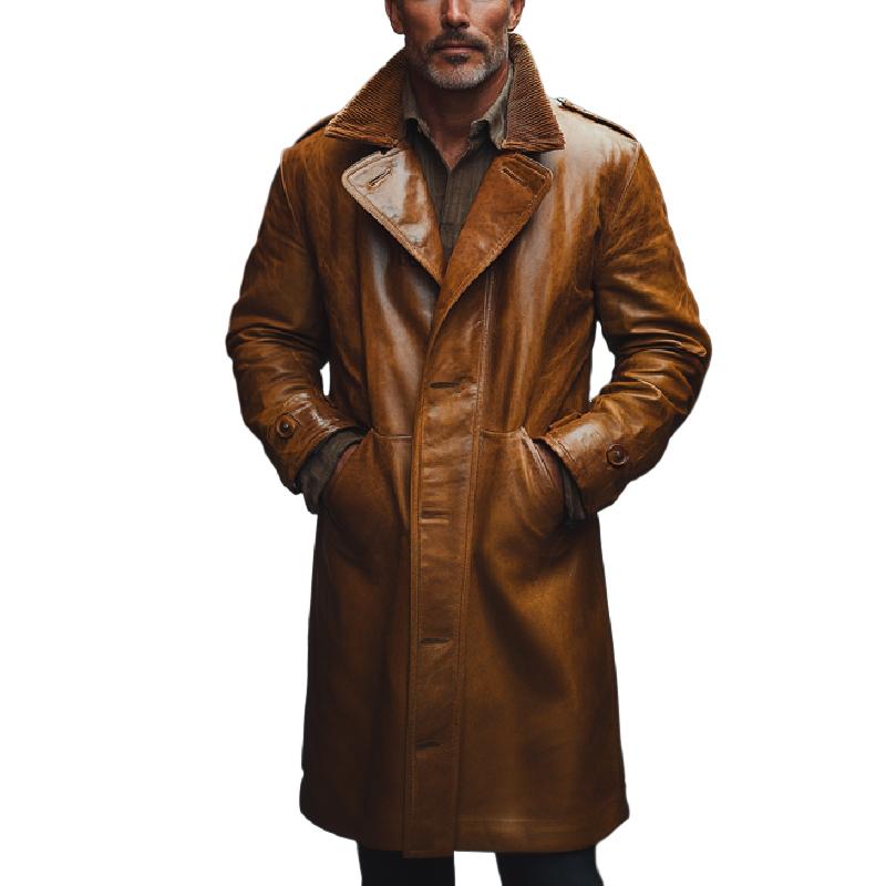 Men's Classic Mid-length Single-breasted Lapel Leather Coat 9267505823928