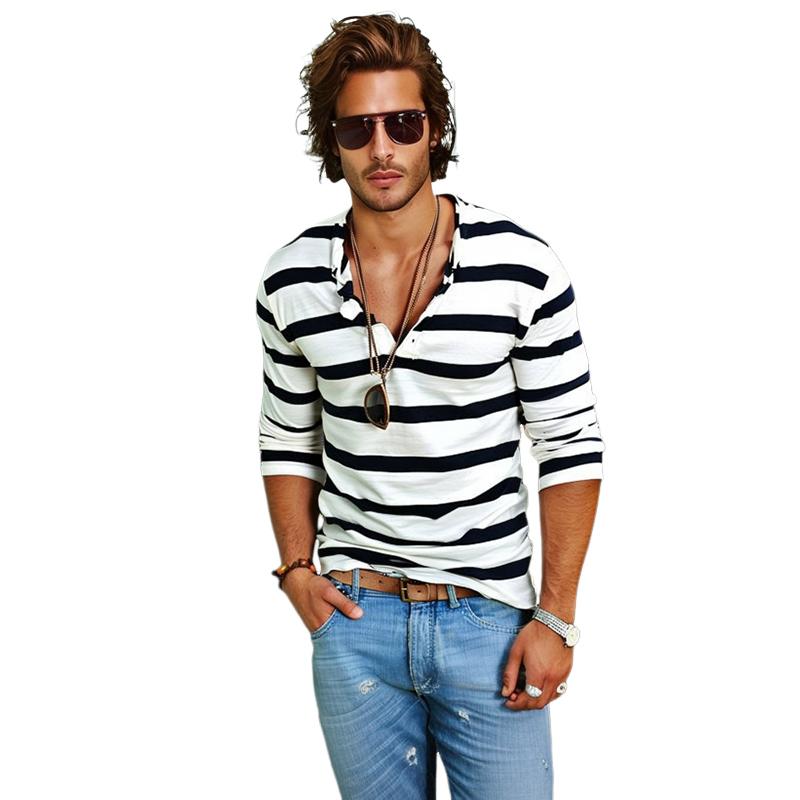Men's Casual Striped Henley Collar Long Sleeve T-Shirt 9261117243576