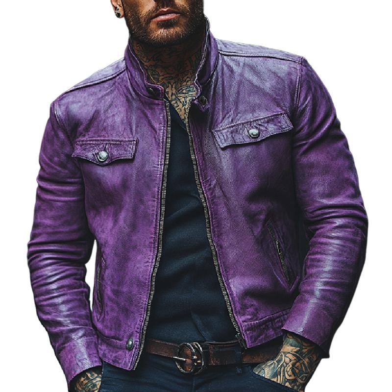 Men's Classic Stand Collar Casual Leather Jacket 9271920885944