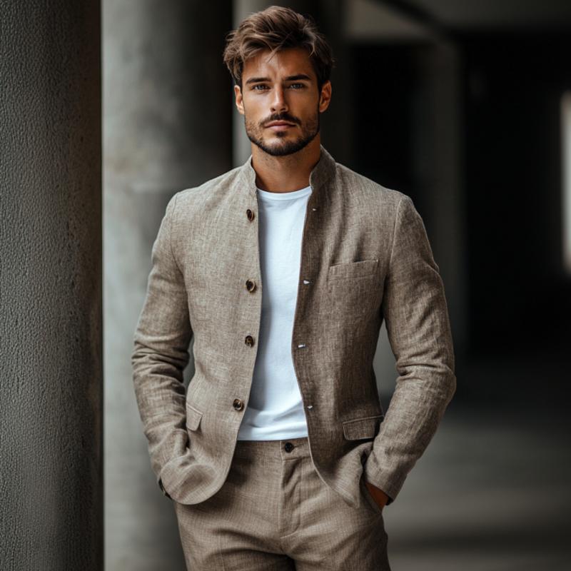 Men's Casual Linen Stand Collar Single Breasted Slim Fit Blazer 9880239276216