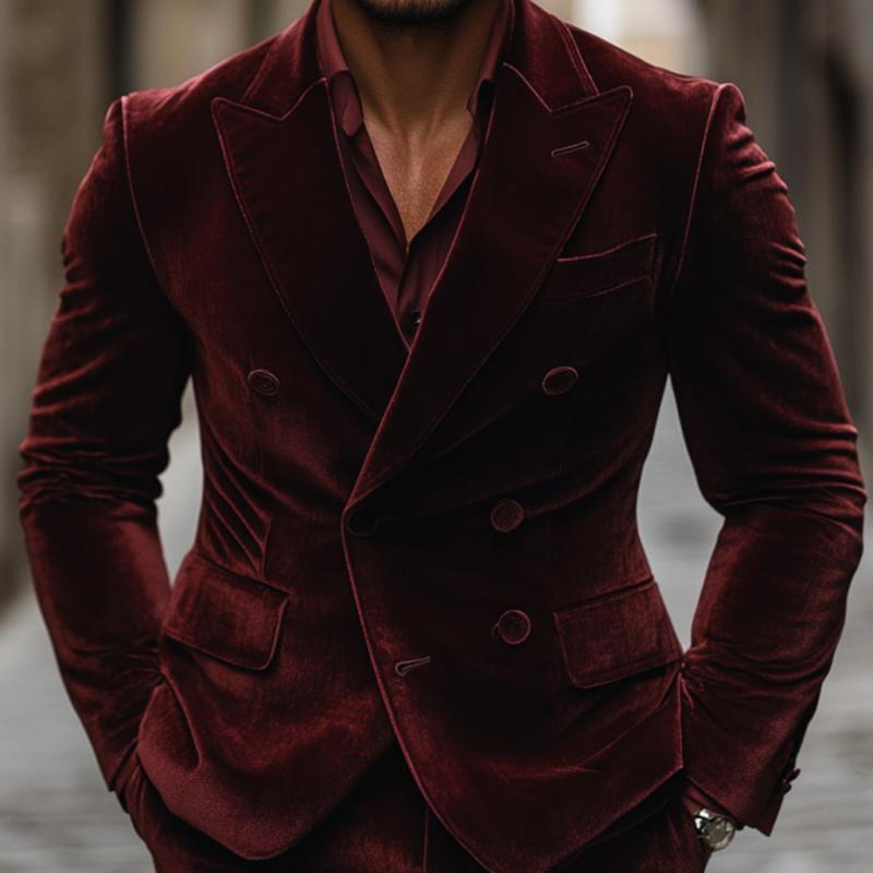 Men's Vintage Velvet Peak Lapel Double Breasted Slim Fit Blazer 9873519050936