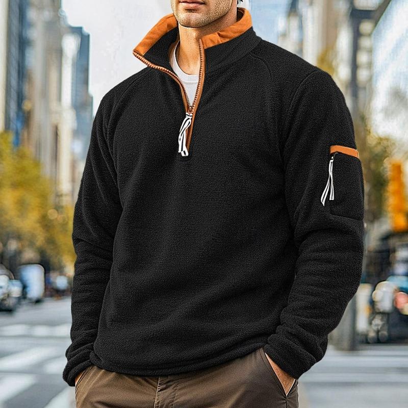 Men's Casual Solid Color Polar Fleece Half-Zip Stand Collar Long-Sleeved Sweatshirt 9268188905656
