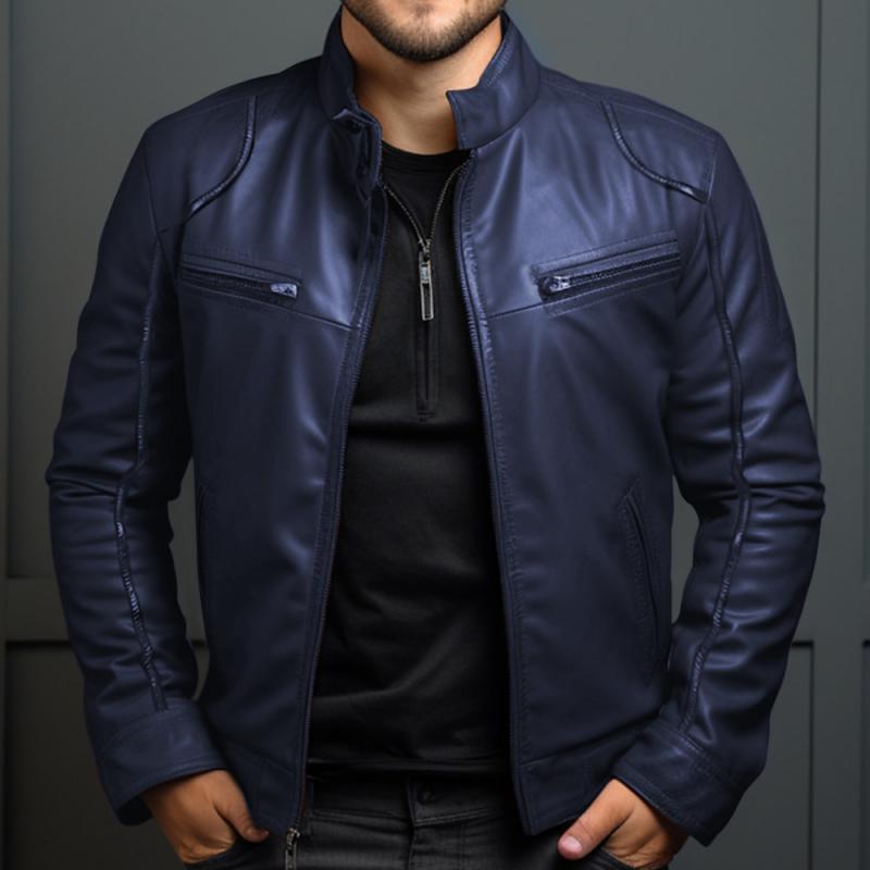 Men's Vintage Stand Collar Zipper Slim Leather Jacket 9261079789752