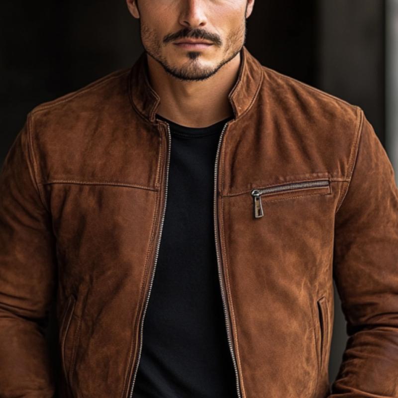 Men's Classic Casual Slim Fit Multi-Pocket Stand Collar Suede Jacket 9261097025720