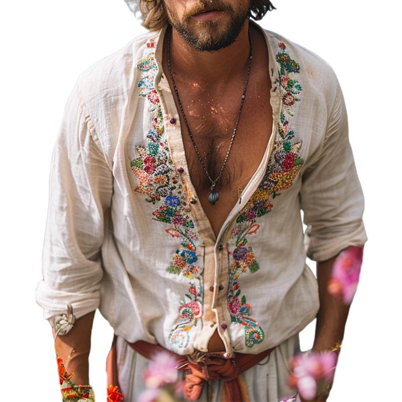 Men's Casual Vintage Embroidered Long Sleeve Shirt 9261777518776
