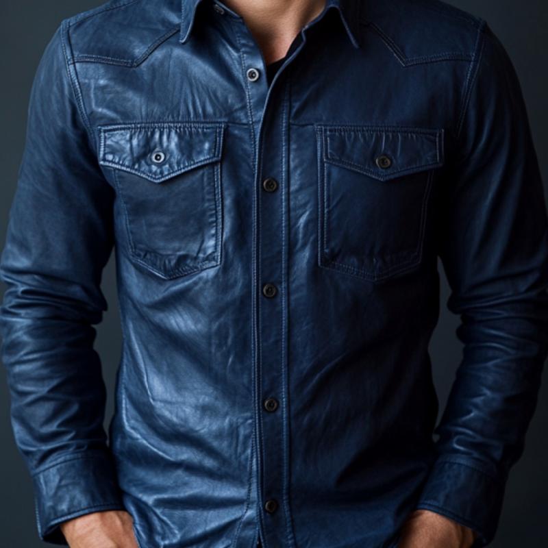 Men's Stylish Dark Blue Lapel Long Sleeve Leather Shirt 9879658889400