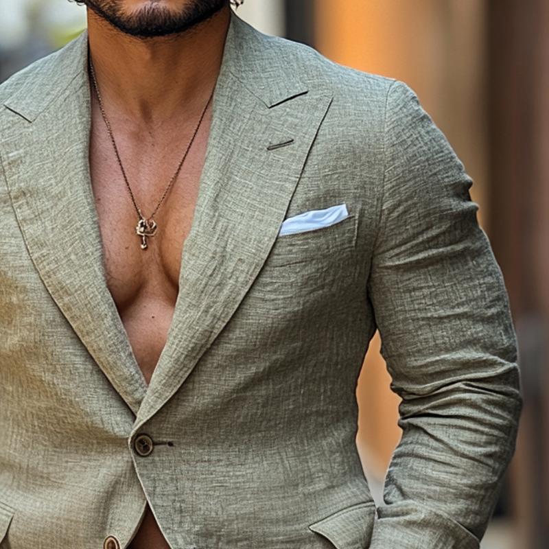 Men's Fashion Linen Peak Lapel Two Buttons Casual Blazer 9885838934200