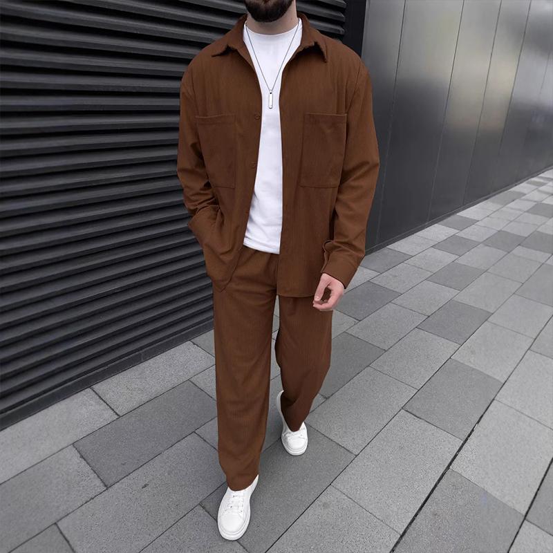 Men's Solid Corduroy Lapel Chest Pocket Jacket Trousers Casual Set 9267507232952