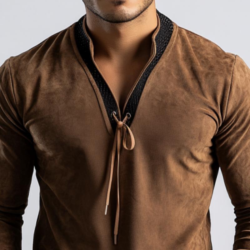 Men's Casual Stitching Leather Stand Collar Drawstring Suede Long Sleeve POLO Shirt 9886820401336