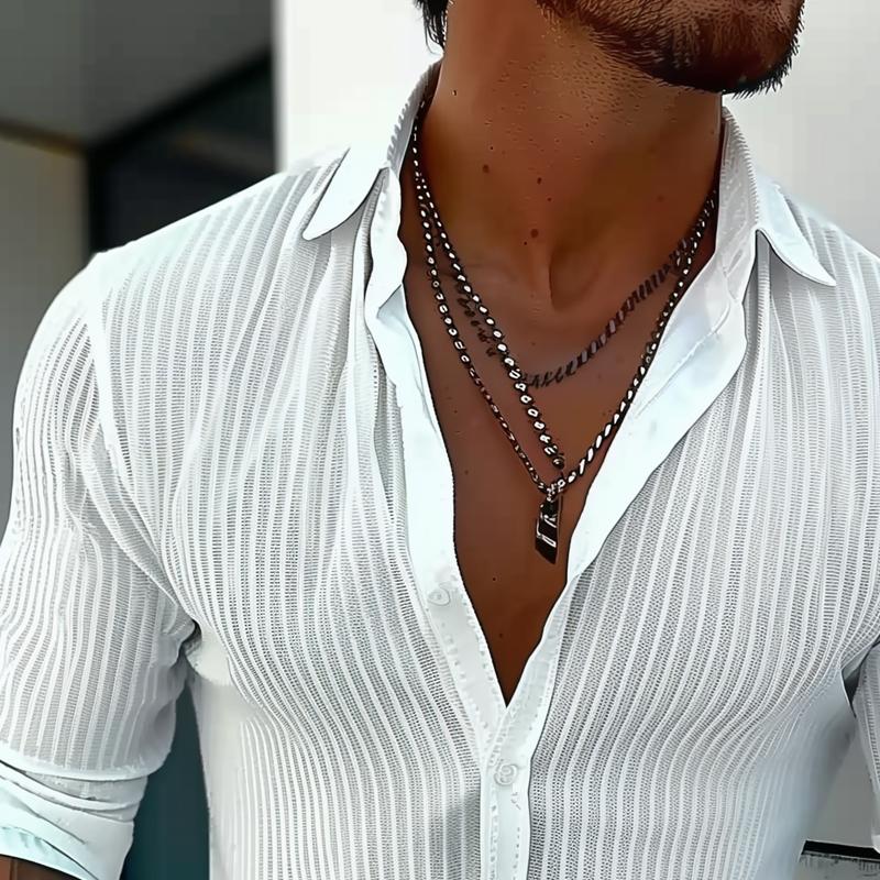 Men's Solid Color Striped Lapel Long Sleeve Shirt 9261775323320