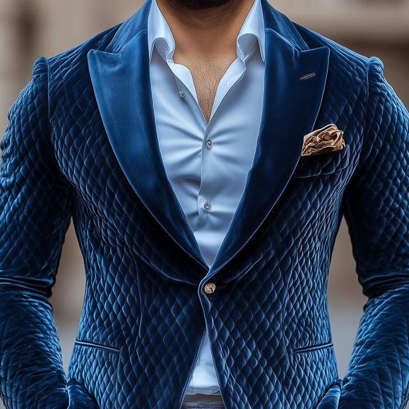 Men's Vintage Rhombus Velvet Peak Lapel One-button Casual Blazer 9873133928632