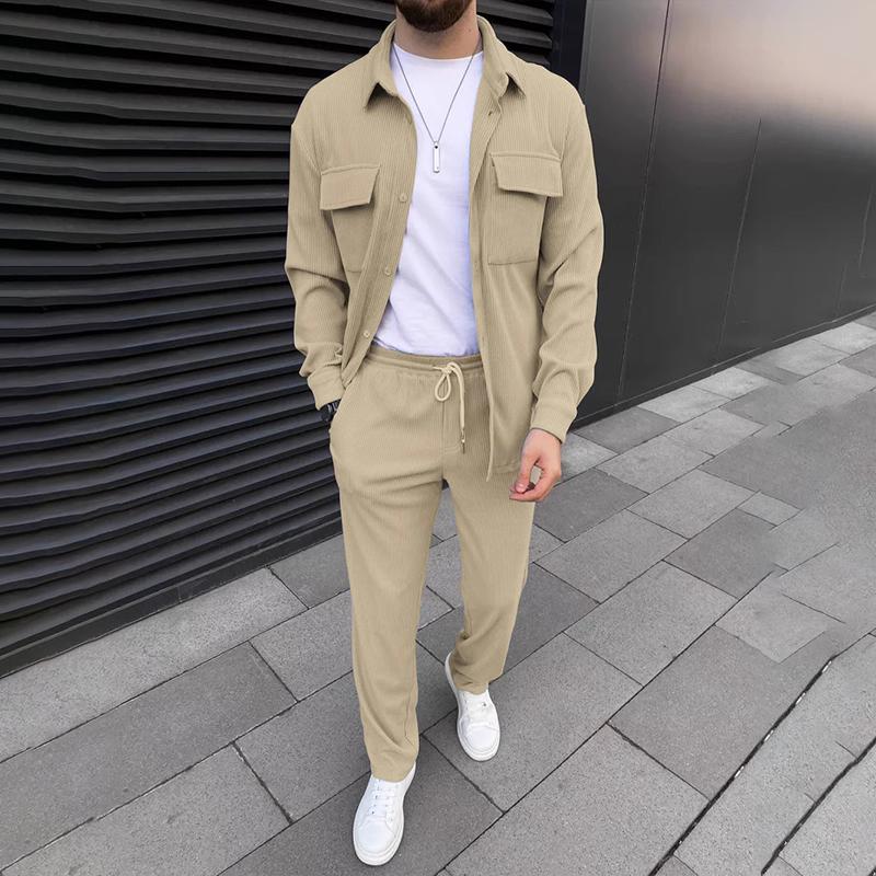 Men's Solid Corduroy Lapel Chest Pocket Jacket Trousers Casual Set 9267507200184