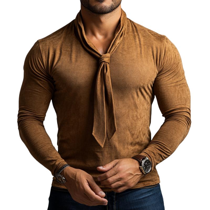 Men's Classic Casual V-Neck Shapeable Bow Tie Suede Long Sleeve T-Shirt 9886820171960