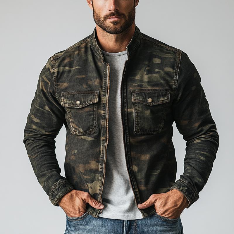 Men's Vintage Washed Camouflage Stand Collar Double Chest Pockets Jacket 9885321461944