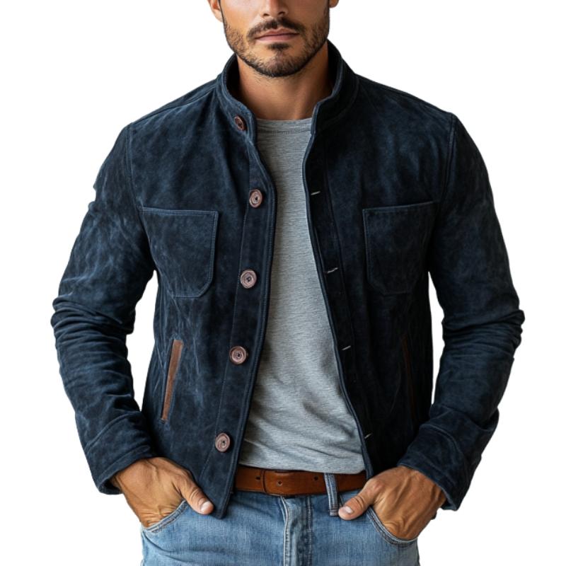 Men's Vintage Suede Buttons Multi-Pocket Stand Collar Jacket 9878729359544