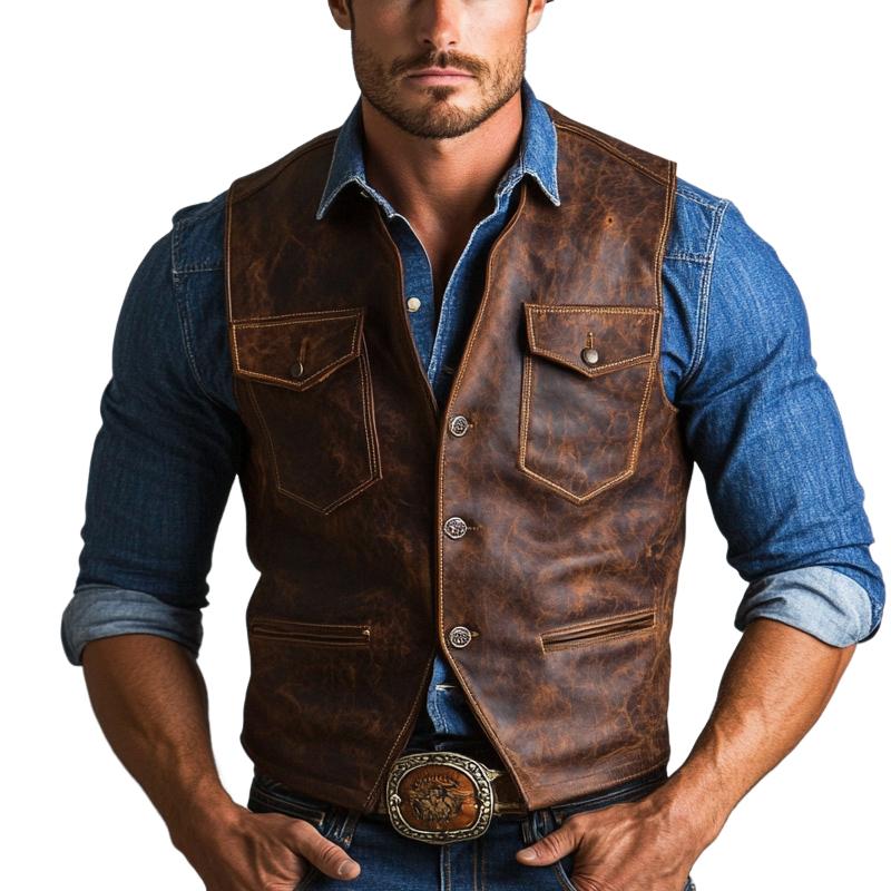 Men's Vintage Three Button Distressed Leather Vest 9873134911672
