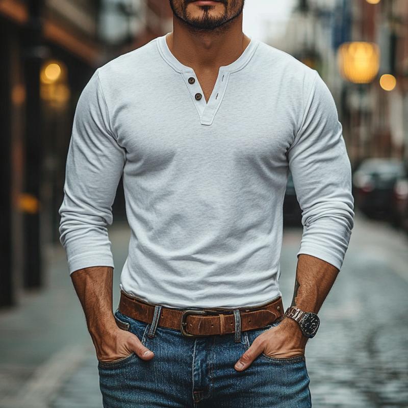 Men's Casual Solid Color Cotton V-neck Slim Fit Long Sleeve T-shirt 9274151862456