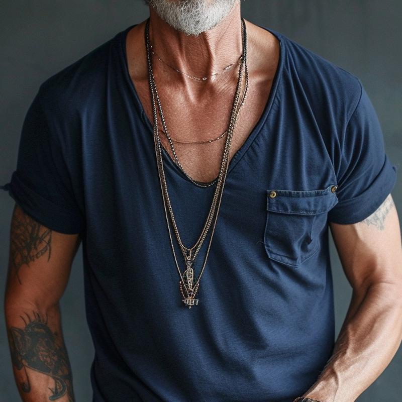 Men's V Neck Breast Pocket Short Sleeve Cargo T-shirt 9261116817592