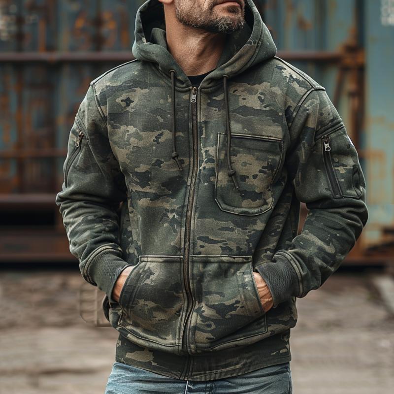 Men's Camouflage Print Chest Pocket Hooded Sweatshirt Jacket 9261080215736